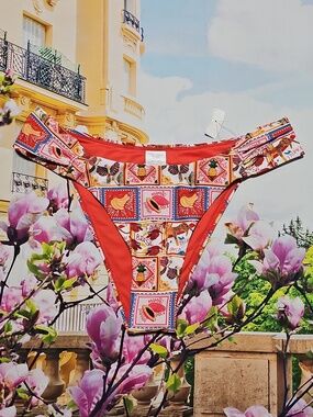 Escape To Paradise Vibrant Ruched Stamp Print Bikini Bottoms XL New